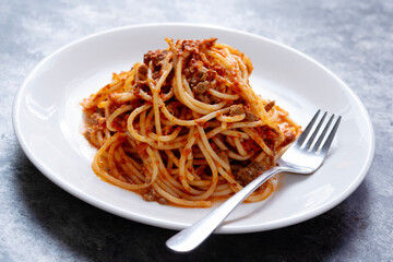 plate of traditional italian spaghetti bolognese pasta