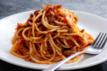 plate of traditional italian spaghetti bolognese pasta
