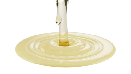 Golden liquid pouring isolated PNG on transparent background, viscous fluid with circular ripples for cooking oil or honey concepts