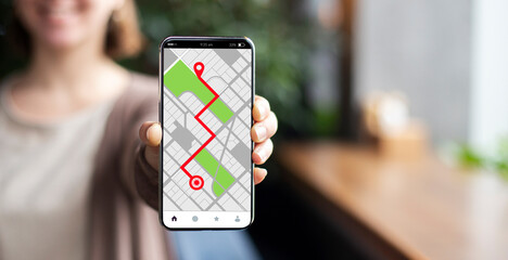 Smartphone With Opened Gps Navigation Online Maps On Screen In Hand. Unrecognizable Woman Using Modern Application For Planning Routes And Location Tracking, Creative Collage