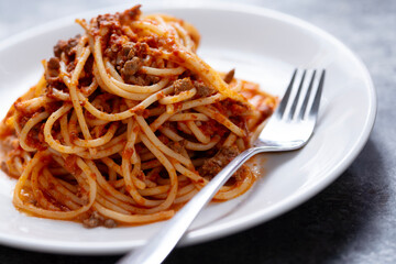plate of traditional italian spaghetti bolognese pasta