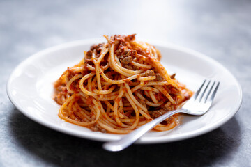 plate of traditional italian spaghetti bolognese pasta