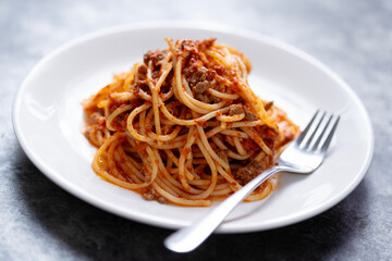 plate of traditional italian spaghetti bolognese pasta