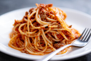 plate of traditional italian spaghetti bolognese pasta