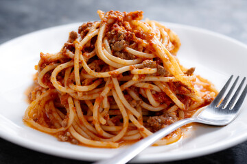 plate of traditional italian spaghetti bolognese pasta