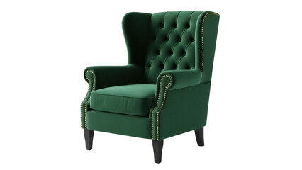 Elegant emerald green wingback armchair isolated PNG, luxurious tufted velvet seat with nailhead trim for living room or study decor
