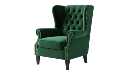 Elegant emerald green wingback armchair isolated PNG, luxurious tufted velvet seat with nailhead trim for living room or study decor