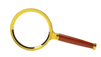 Golden magnifying glass isolated PNG on transparent background, classic detective tool for investigation and search