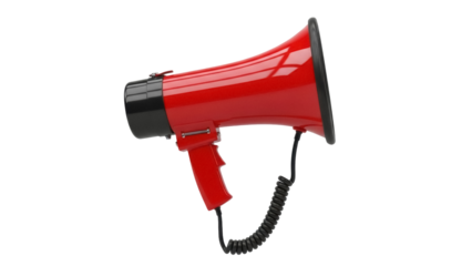 Red and black megaphone isolated PNG, public address system for announcements and emergency situations, communication device on transparent background