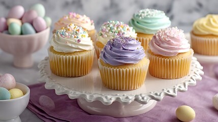 Assorted pastel easter cupcakes with colorful frosting and sprinkles arranged on a white cake stand, surrounded by decorative candy eggs, creating a sweet celebratory dessert spread