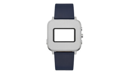 Silver smartwatch PNG isolated on transparent background, wearable tech device with dark blue band for fitness and modern lifestyle