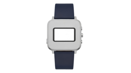 Silver smartwatch PNG isolated on transparent background, wearable tech device with dark blue band for fitness and modern lifestyle
