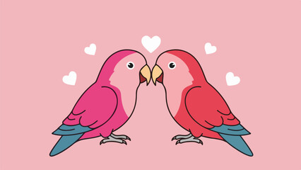 Obraz premium Two parrots with blue wings and tails touching beaks on pink background