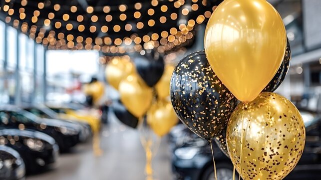 Golden and black balloons with confetti floating in a modern car dealership showroom, celebrating a grand opening, special event, or new product launch with festive decorations and bokeh lights