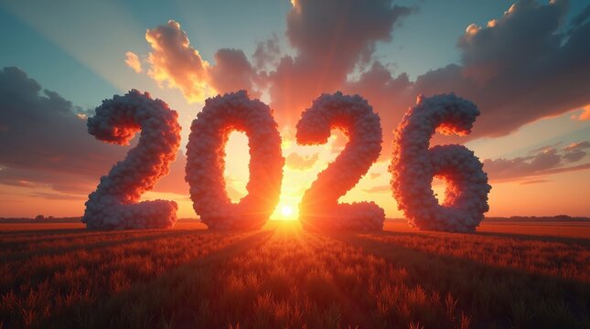 2026 Cloud Numbers in Sunset Field.Cloud-shaped “2026” in dramatic sunset field. Perfect for New Year, future, nature, and inspirational themes. - Powered by Adobe