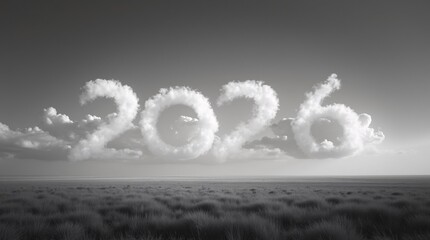 2026 Cloud Numbers in Monochrome Sky.A dramatic black-and-white landscape featuring “2026” numbers formed by cloud-like shapes in a moody sky above a grassy field