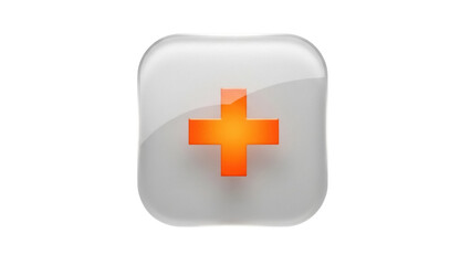 Obraz premium Orange plus sign in glossy square button isolated PNG, medical cross symbol for healthcare and emergency services on transparent background