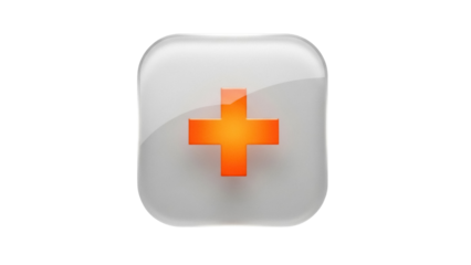Orange plus sign in glossy square button isolated PNG, medical cross symbol for healthcare and emergency services on transparent background