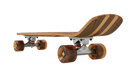 Wooden skateboard with brown wheels isolated PNG, retro style skateboard for recreation and transportation on transparent background