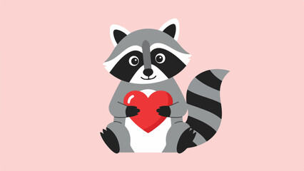 Obraz premium Cartoon raccoon holding a red heart on a pink background