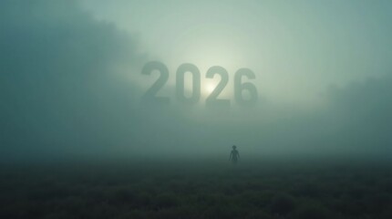 2026 Illuminated Numbers in Misty Horizon.Glowing &ldquo;2026&rdquo; in misty sky with lone figure. Ideal for New Year, solitude, and future-themed designs.