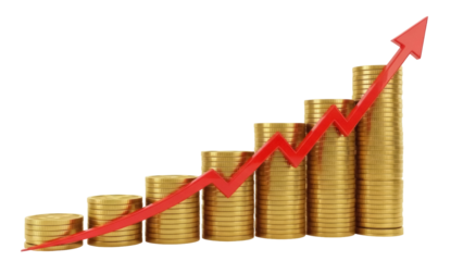 Gold coin stacks with red arrow isolated PNG, financial growth concept with upward trend for business and investment success