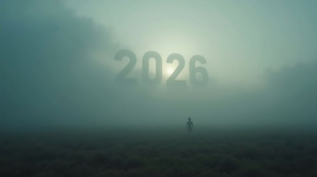 2026 Illuminated Numbers in Misty Horizon.Glowing &ldquo;2026&rdquo; in misty sky with lone figure. Ideal for New Year, solitude, and future-themed designs.