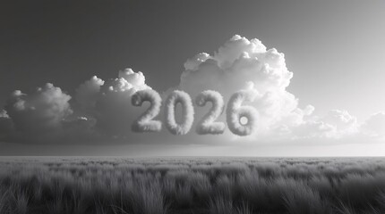 2026 Cloud Numbers in Monochrome Sky &ndash; Minimalist Nature and Futuristic Symbolism.A grayscale landscape featuring &ldquo;2026&rdquo; numbers formed by cloud-like shapes blending into a dramatic sky