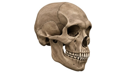 Homo erectus skull PNG isolated on transparent background, ancient human fossil with visible teeth and bone structure, anthropology resource