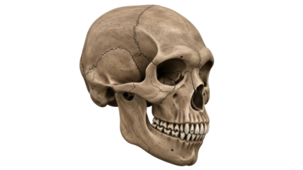 Homo erectus skull PNG isolated on transparent background, ancient human fossil with visible teeth and bone structure, anthropology resource