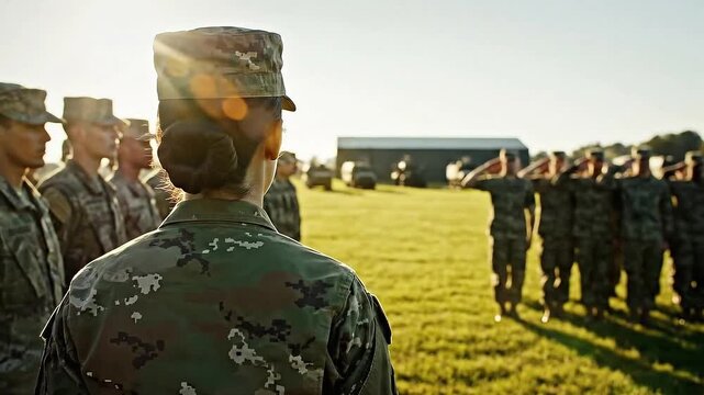Female Soldier Standing in Formation Giving Salute Camouflage Uniform in Outdoor Training Field with Sunlight Military Honor and