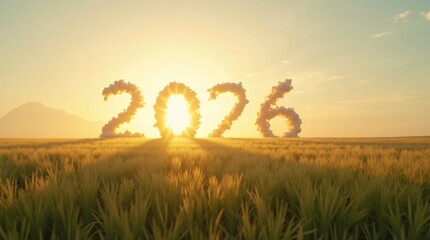 2026 cloud numbers in sunrise mountain landscape with golden light and hopeful nature symbolism.