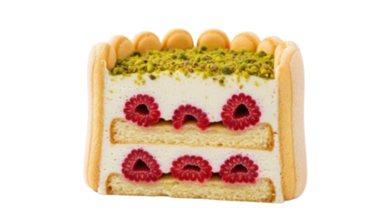 Delicious raspberry charlotte cake isolated PNG, a delightful dessert with ladyfingers, cream, raspberries, and pistachio topping on transparent