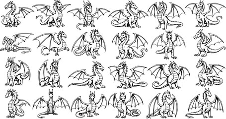 Fototapeta premium Black and White Line Art Dragon Vector Illustration Set. Collection of Mythical Fantasy Creatures, Legendary Beasts Outline Icons for Gaming, Children's Books, and Decoration Projects.