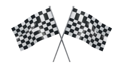 Two crossed checkered flags PNG isolated on transparent background, racing finish line symbol for motorsport events and victory celebrations