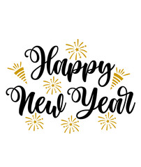 Obraz premium Happy New Year text typography phrase design for T-shirts and apparel on plain white transparent isolated background for shirt, hoodie, sweatshirt, card, tag, mug, icon, poster or badge