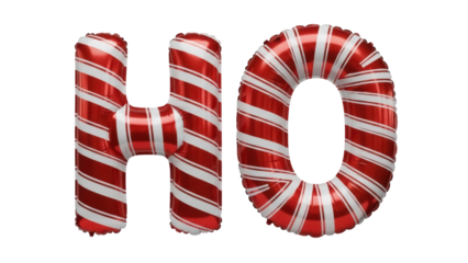 Festive candy cane HO letters isolated PNG, red and white striped balloon letters for Christmas holiday decoration and design