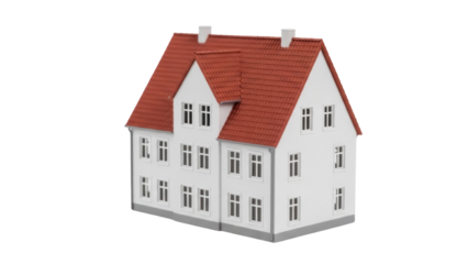 Model house with red roof isolated PNG, miniature two-story building on transparent background for architecture and real estate concepts