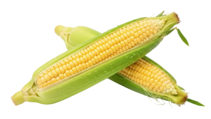 Two fresh corn cobs PNG isolated on transparent background, sweet yellow corn with green husks for healthy eating and summer barbecue
