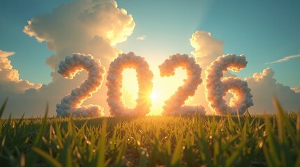 2026 Cloud Numbers in Glowing Field.A scenic landscape featuring fluffy cloud-shaped &ldquo;2026&rdquo; numbers standing above a grassy field during sunrise.