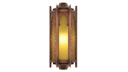 Ornate bronze wall sconce isolated PNG, vintage style lighting fixture with intricate geometric patterns on transparent background