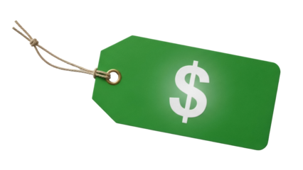 Green price tag with dollar sign isolated PNG on transparent background, sale label for retail and shopping promotions