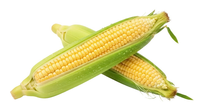 Two fresh corn cobs PNG isolated on transparent background, sweet yellow corn with green husks for healthy eating and summer barbecue
