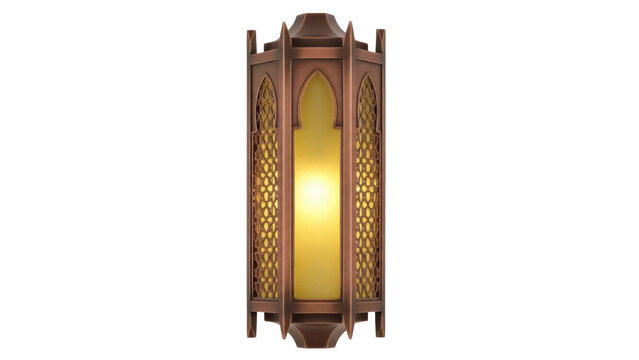 Ornate bronze wall sconce isolated PNG, vintage style lighting fixture with intricate geometric patterns on transparent background