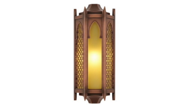 Ornate bronze wall sconce isolated PNG, vintage style lighting fixture with intricate geometric patterns on transparent background - Powered by Adobe