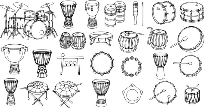 Hand-Drawn Black  White Line Art Vector Set of Percussion Musical Instruments: Drums, Drum Kits, Congas, Djembes, Tablas, and Tambourines. Global Culture and Music Collection Outline Illustration.