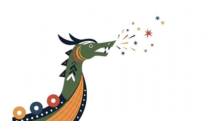 Minimalist Scandinavian dragon ship prow illustration, Up Helly Aa festival symbolism, flat folk-art style on white background