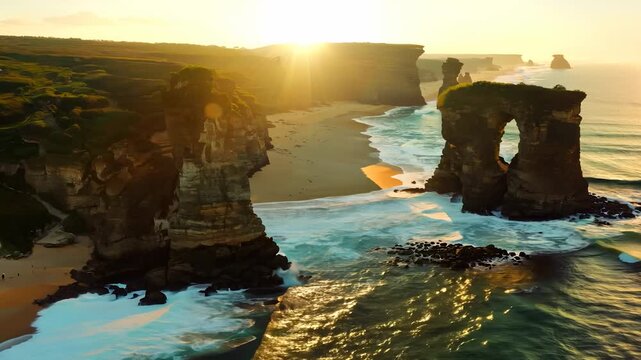 The sun rises over a stunning beach landscape, illuminating towering cliffs and soft waves. This peaceful scene features rocky formations and golden sands, creating a serene atmosphere.