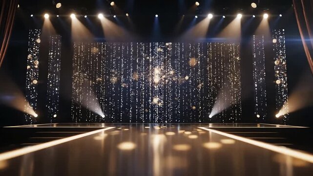 Empty fashion runway with dazzling light curtain and spotlights elegant stage ready for show