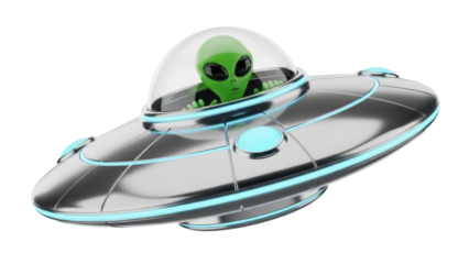 Green alien in a flying saucer PNG isolated on transparent background, extraterrestrial visitor in spaceship for sci-fi concepts